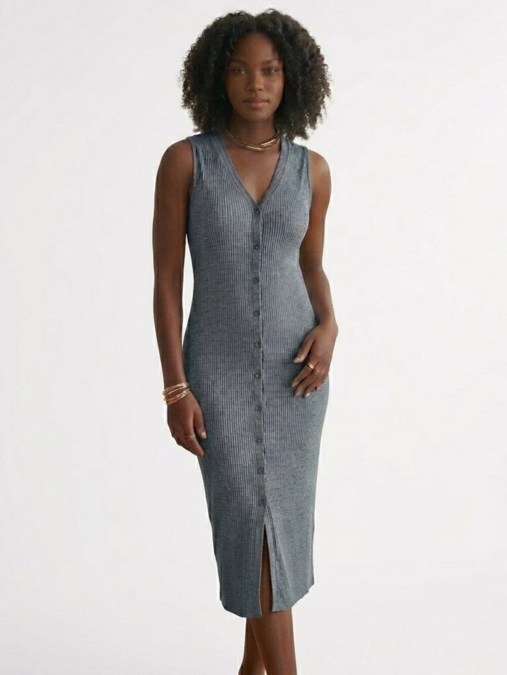 Bar III Gray Ribbed Midi Button UP Dress Y2K Minimalist Casual S/M - Picture 1 of 10